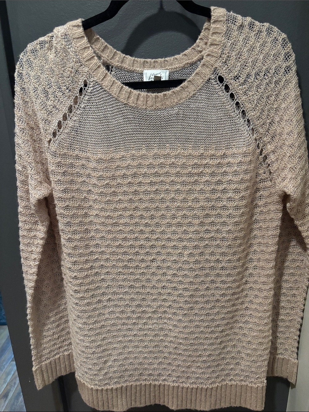 Frenchi Neutral Beige Open-Stitch Crewneck Sweater